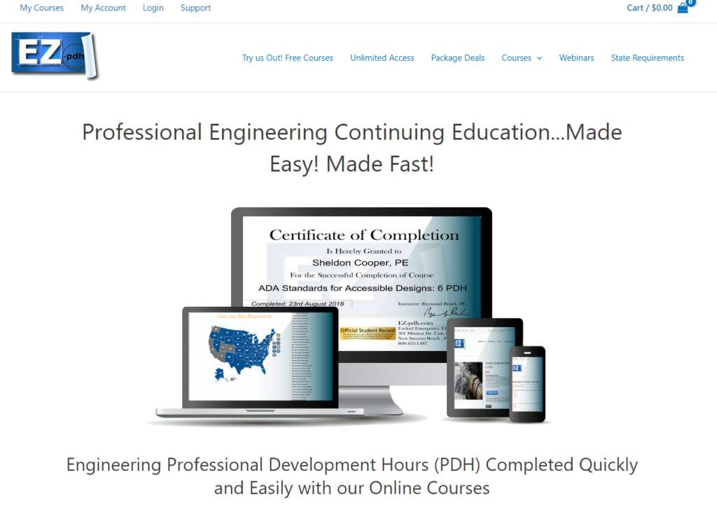EZ-pdh.com Homepage fro Engineering continuing education for PDH Course Hours